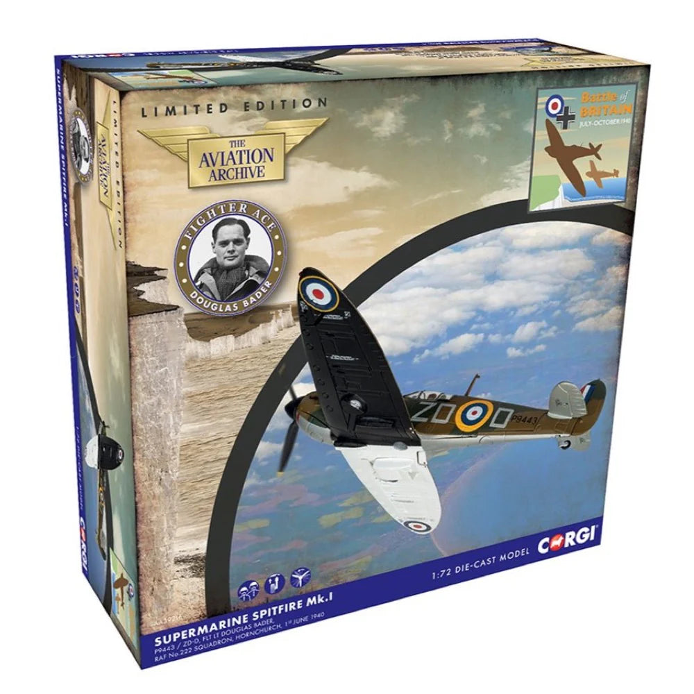 Spitfire MkI, Escuadrón 222 RAF, Flt Lt Douglas Bader (Batalla de Inglaterra 85) , 1:72, Corgi