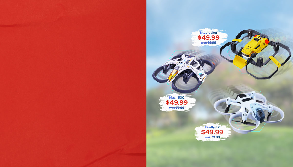 Three easy to fly drones with their advertised prices on blue and sky backgrounds.
