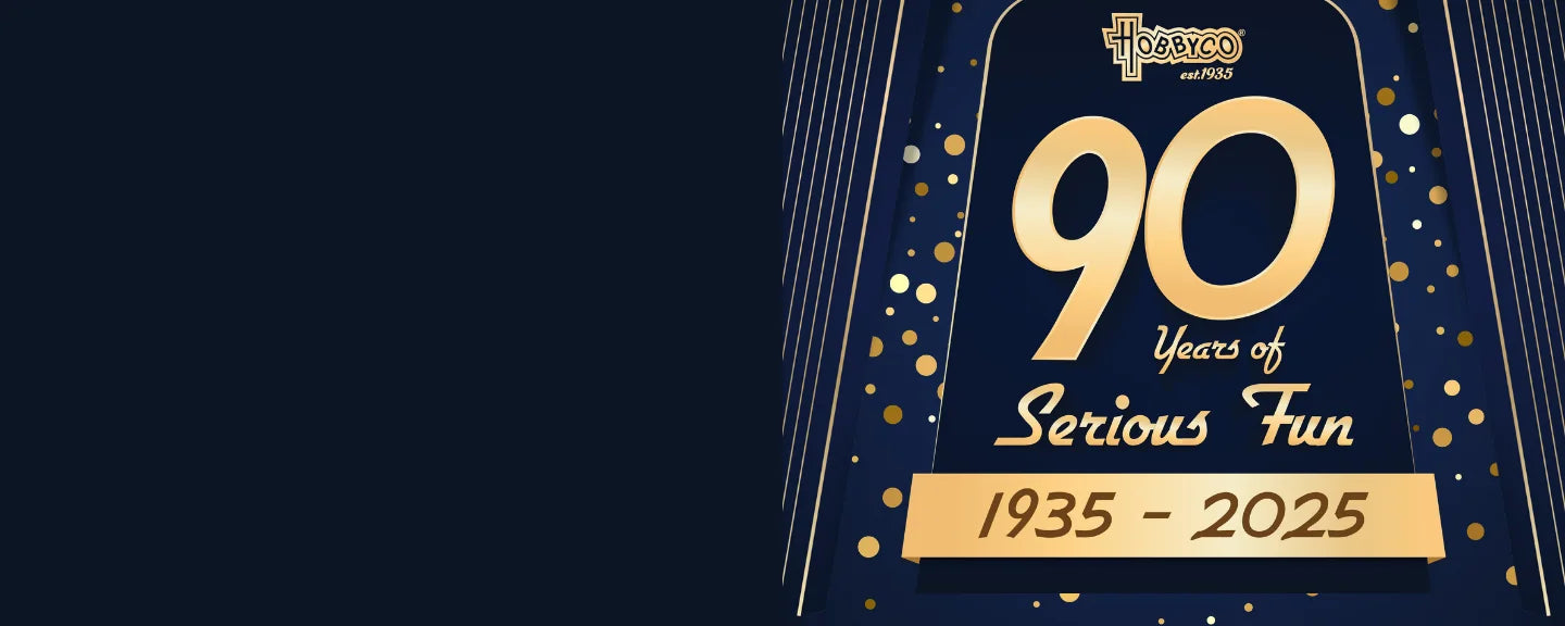 Hobbyco 90 Years of Serious Fun anniversary artwork with the dates 1935 to 2025.