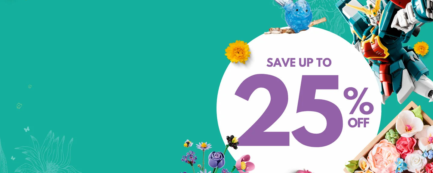 Spring sale artwork with model kits, LEGO flowers and a save up to 25 percent off badge.