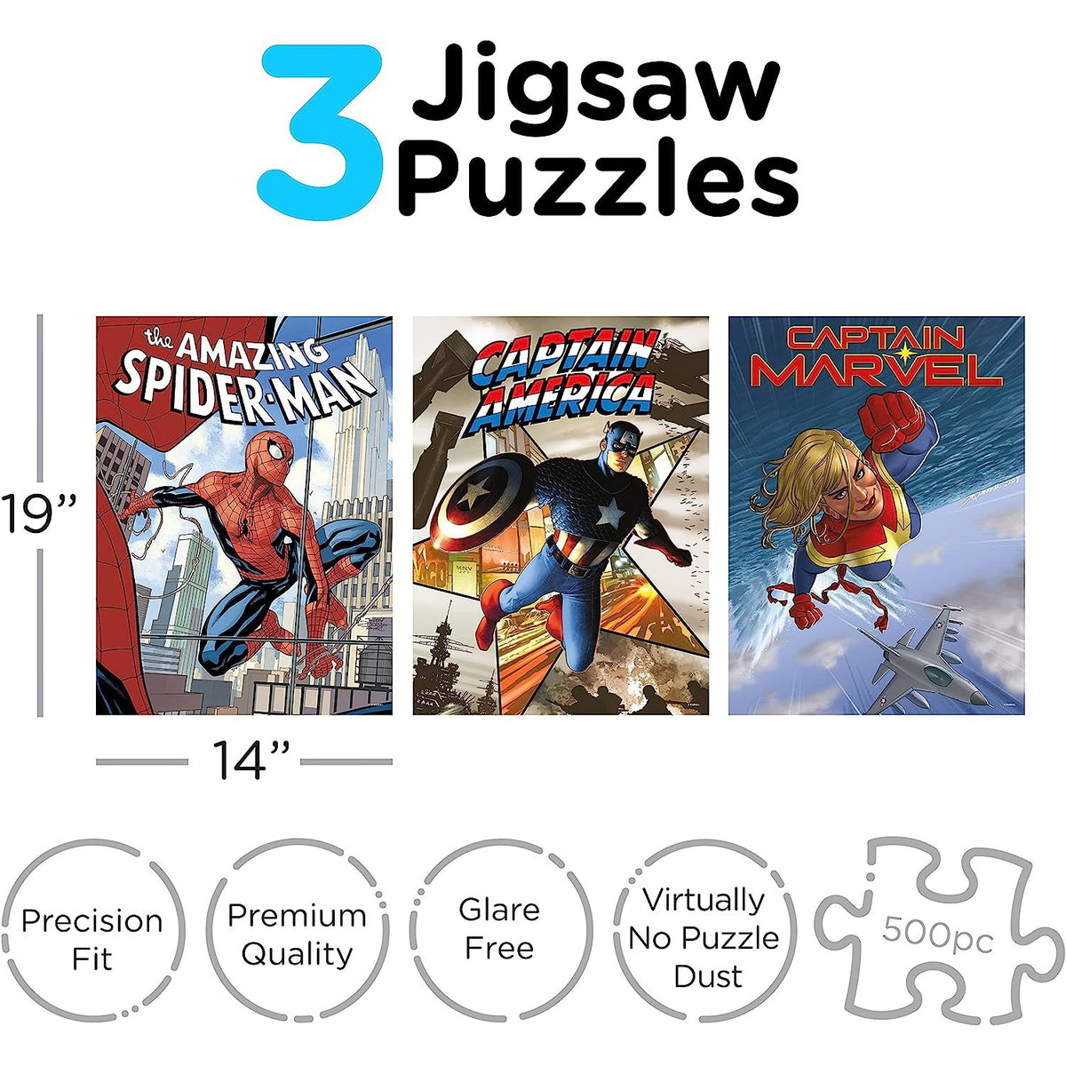 3 x 500pc Marvel Puzzle  The Amazing Spiderman, Captain America & Captain Marvel