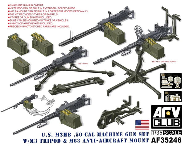 AFV Club AF35246 1/35 U.S. M2Hb .50 Cal Machine Gun Set w/M3 Tripod and M63 AntiAircraft Mount