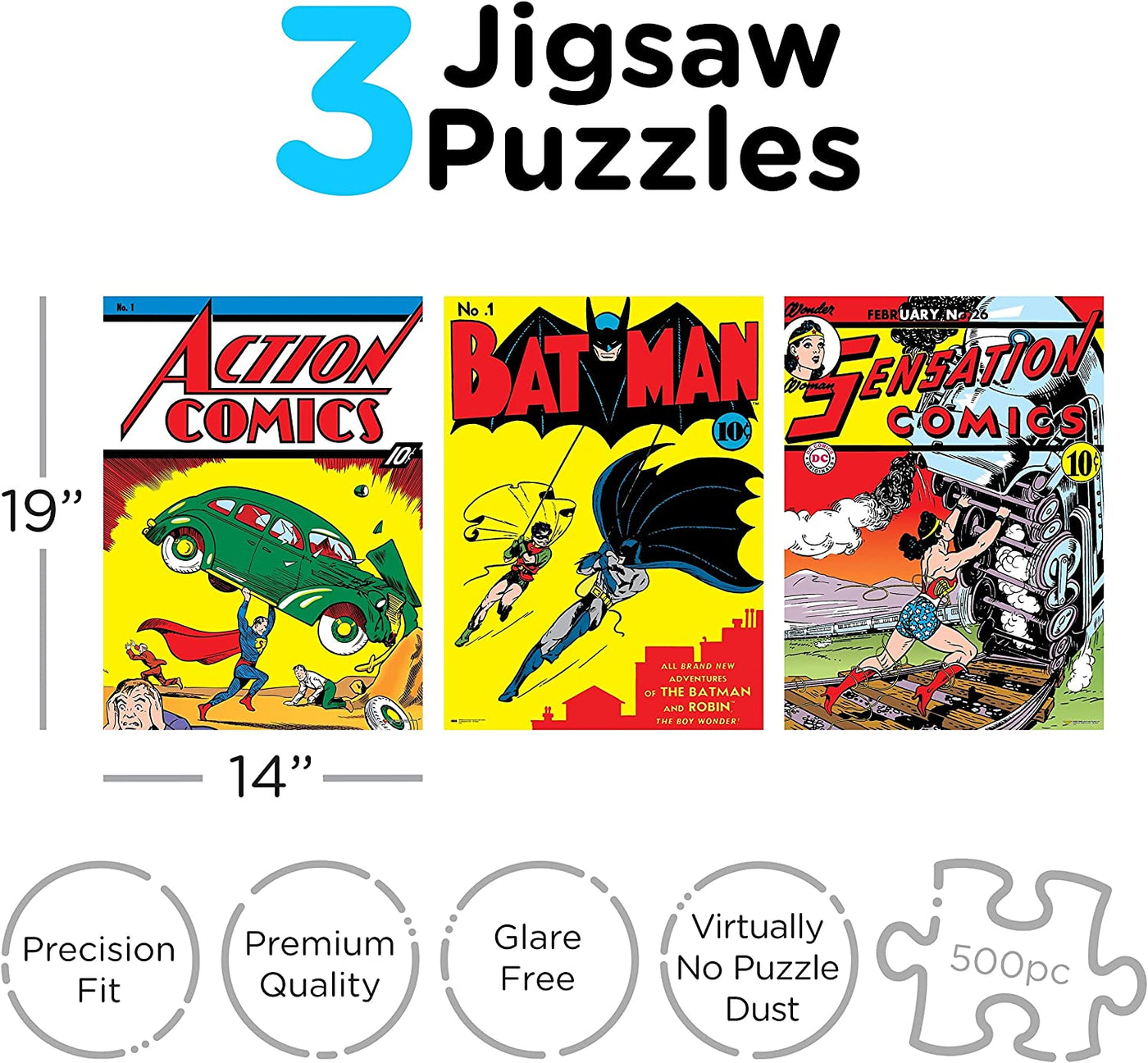 3 x 500pc DC Comics Puzzle  Retro Covers Superman, Batman & Wonder Woman