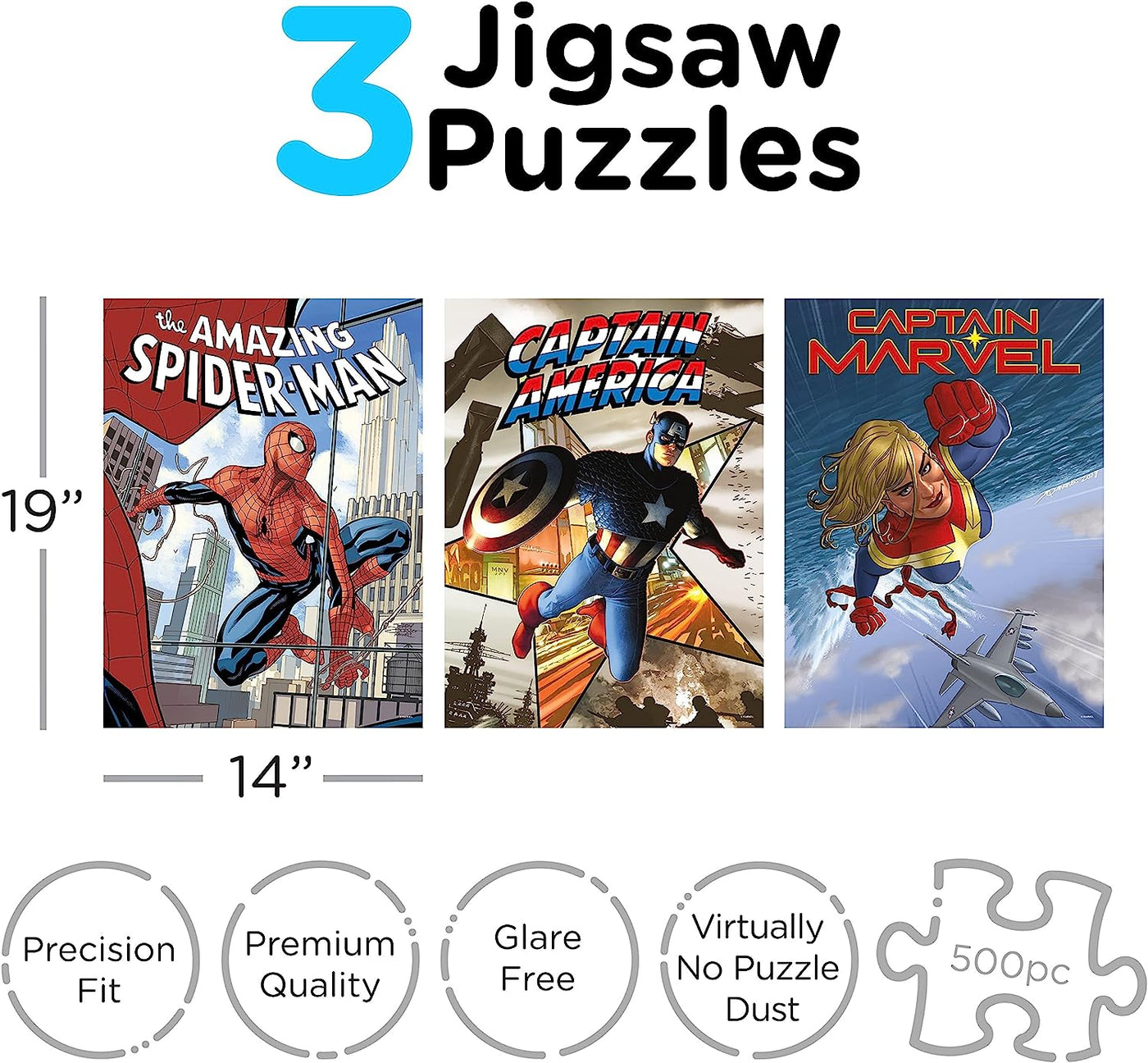3 x 500pc Marvel Puzzle  The Amazing Spiderman, Captain America & Captain Marvel