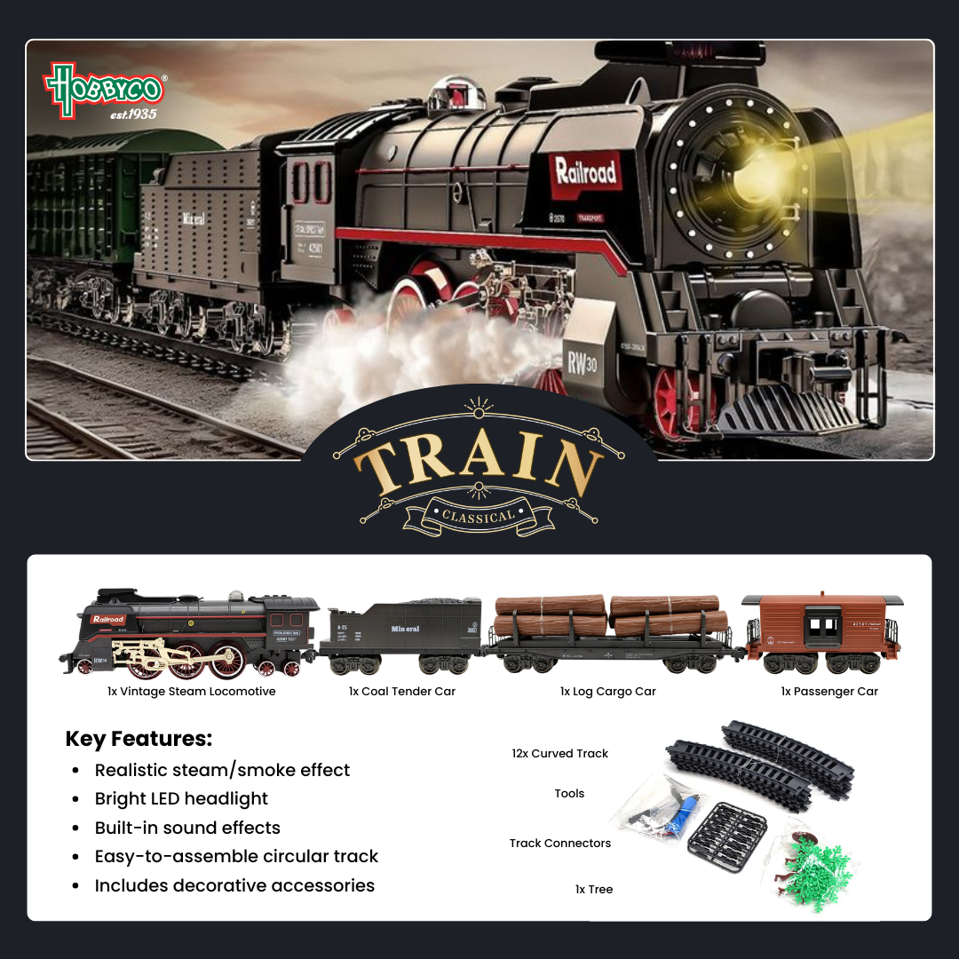 Electric Steam Train Set with Lights & Steam Effect (48pc)