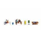 HO People on Benches (5 Figures, 1 Dog, 3 Bins)