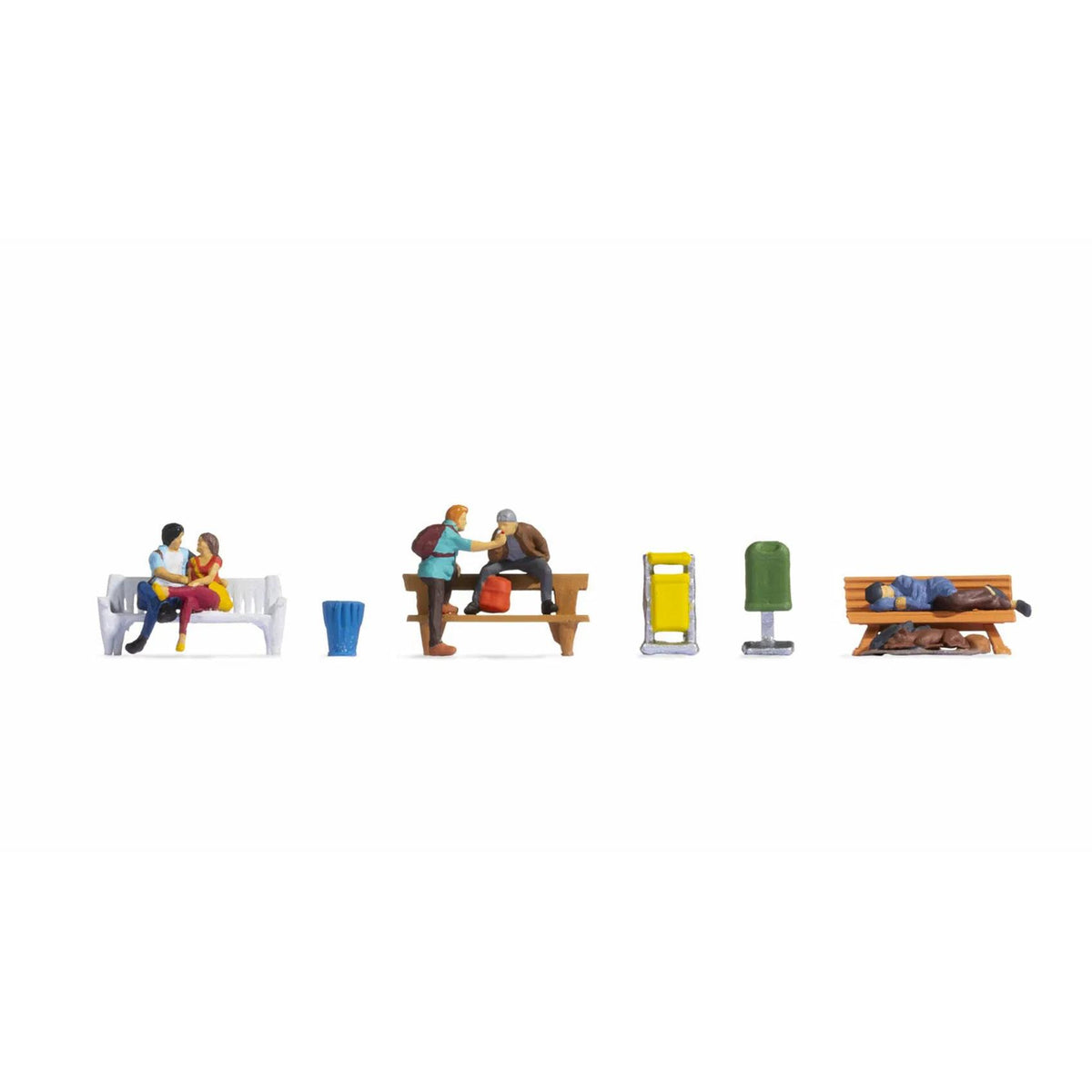HO People on Benches (5 Figures, 1 Dog, 3 Bins)