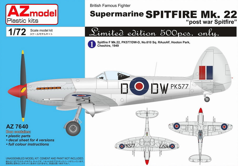 AZ7640 1/72 Spitfire Mk.22 Postwar Spitfire Plastic Model Kit
