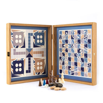 Chess/Backgammon/Ludo/Snakes   Navy Blue  Walnut replica wooden case