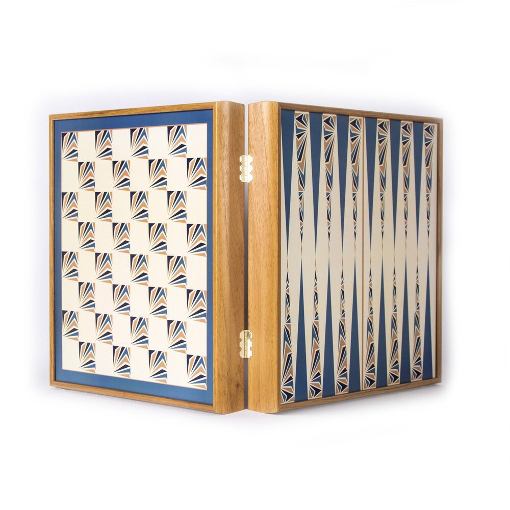 Chess/Backgammon/Ludo/Snakes   Navy Blue  Walnut replica wooden case