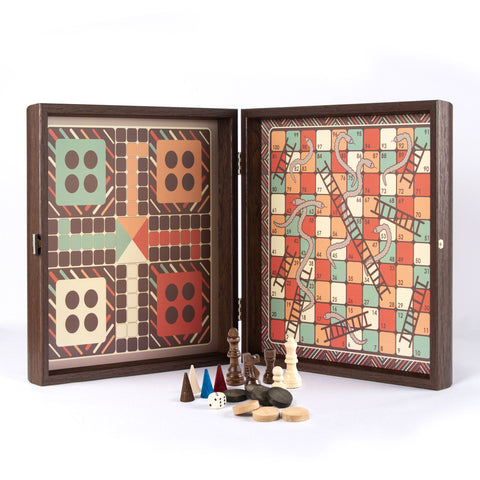 Chess/Backgammon/Ludo/Snakes  Vintage  Venge replica wooden case 34x34cm