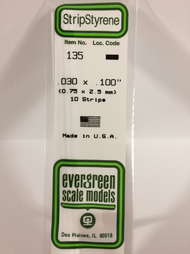 Evergreen - Evergreen 135 White Polystyrene Strip 0.030 x 0.100 x 14" / 0.76mm x 2.5mm x 36cm