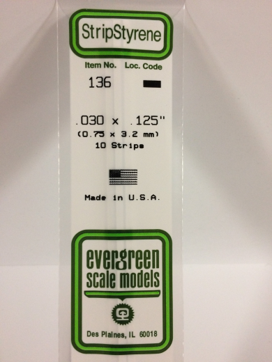 Evergreen - Evergreen 136 White Polystyrene Strip 0.030 x 0.125 x 14" / 0.76mm x 3.2mm x 36cm