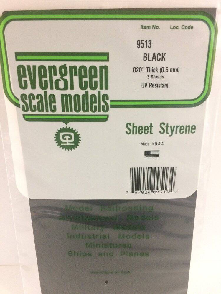 Evergreen - Evergreen 9513 Black Polystyrene Sheet 0.020 x 6 x 12" / 0.51mm x 15cm x 30cm