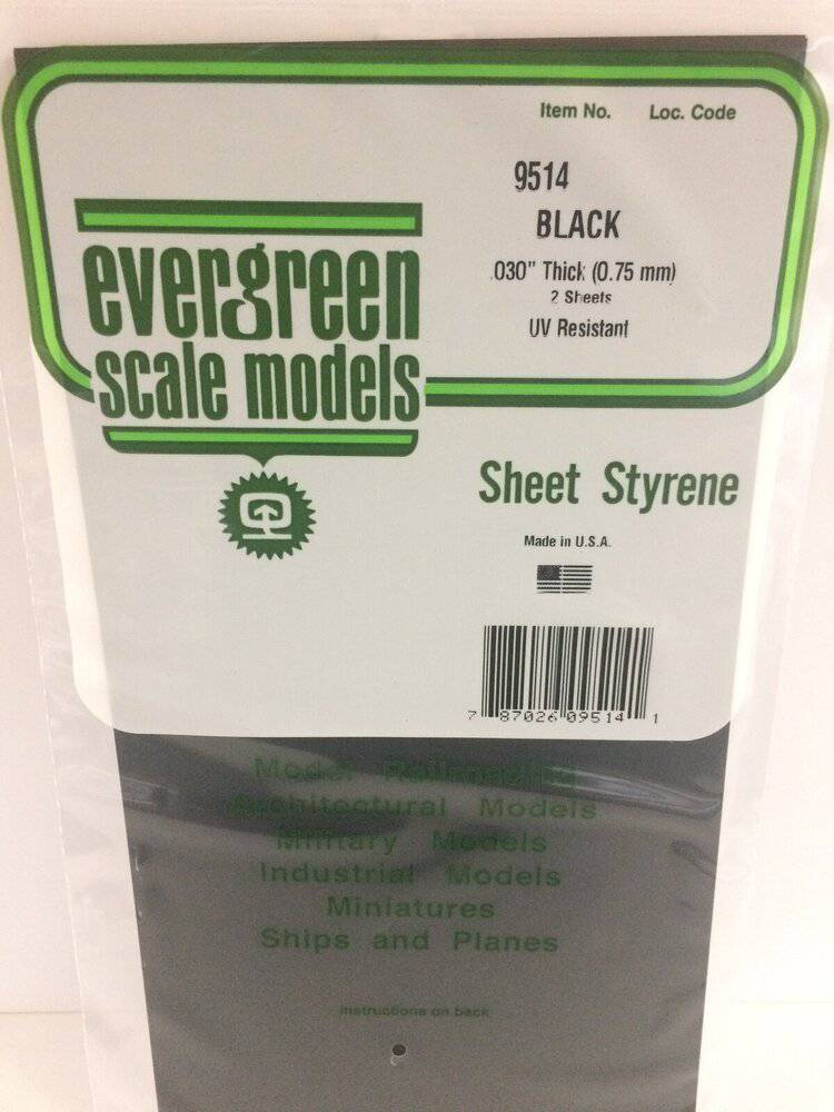 Evergreen - Evergreen 9514 Black Polystyrene Sheet 0.030 x 6 x 12" / 0.76mm x 15cm x 30cm