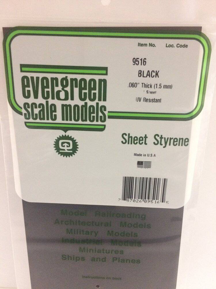 Evergreen - Evergreen 9516 Black Polystyrene Sheet 0.060 x 6 x 12" / 1.5mm x 15cm x 30cm