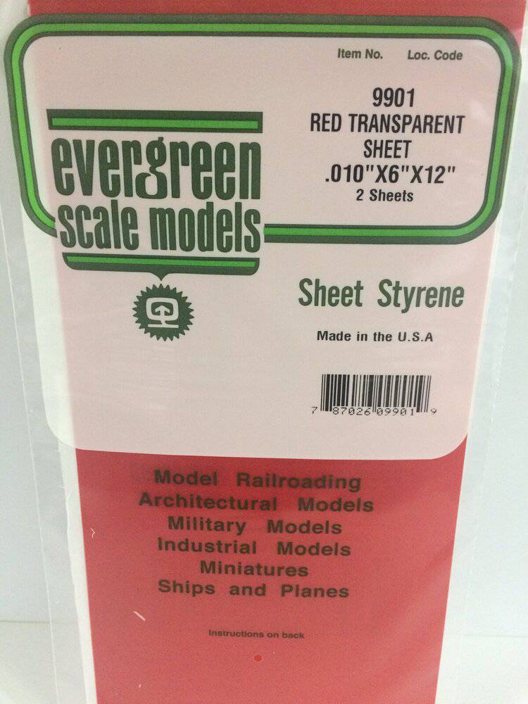 Evergreen - Evergreen 9901 Transparent Red Polystyrene Sheet 0.010 x 6 x 12" / 0.25mm x 15cm x 30cm