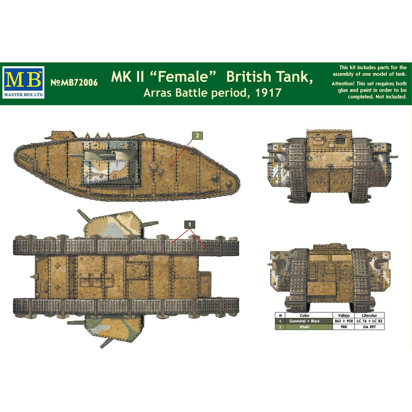 Master Box - Master Box 72006 1/72 MK II Female British Tank, Arras Battle period, 1917 Plastic Model Kit