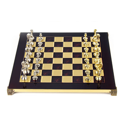 Classic Metal Staunton Chess set with Gold and Silver Chessmen and 36cm Chessboard in Brown