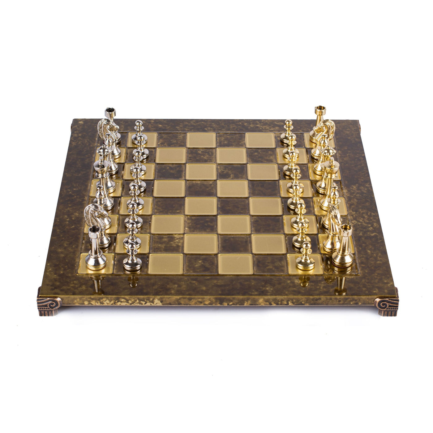 Classic Metal Staunton Chess set with Gold and Silver Chessmen and 36cm Chessboard in Brown