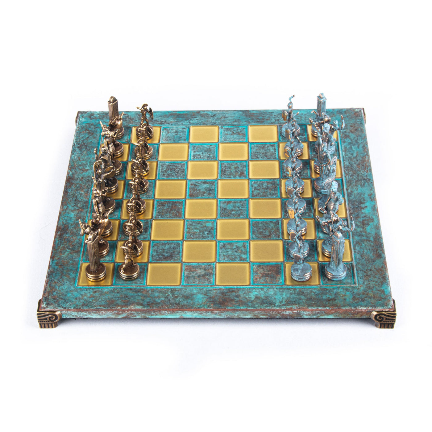 Greek Mythology Metal Chess set with Bronze and Blue Chessmen and 36cm Chessboard in Blue