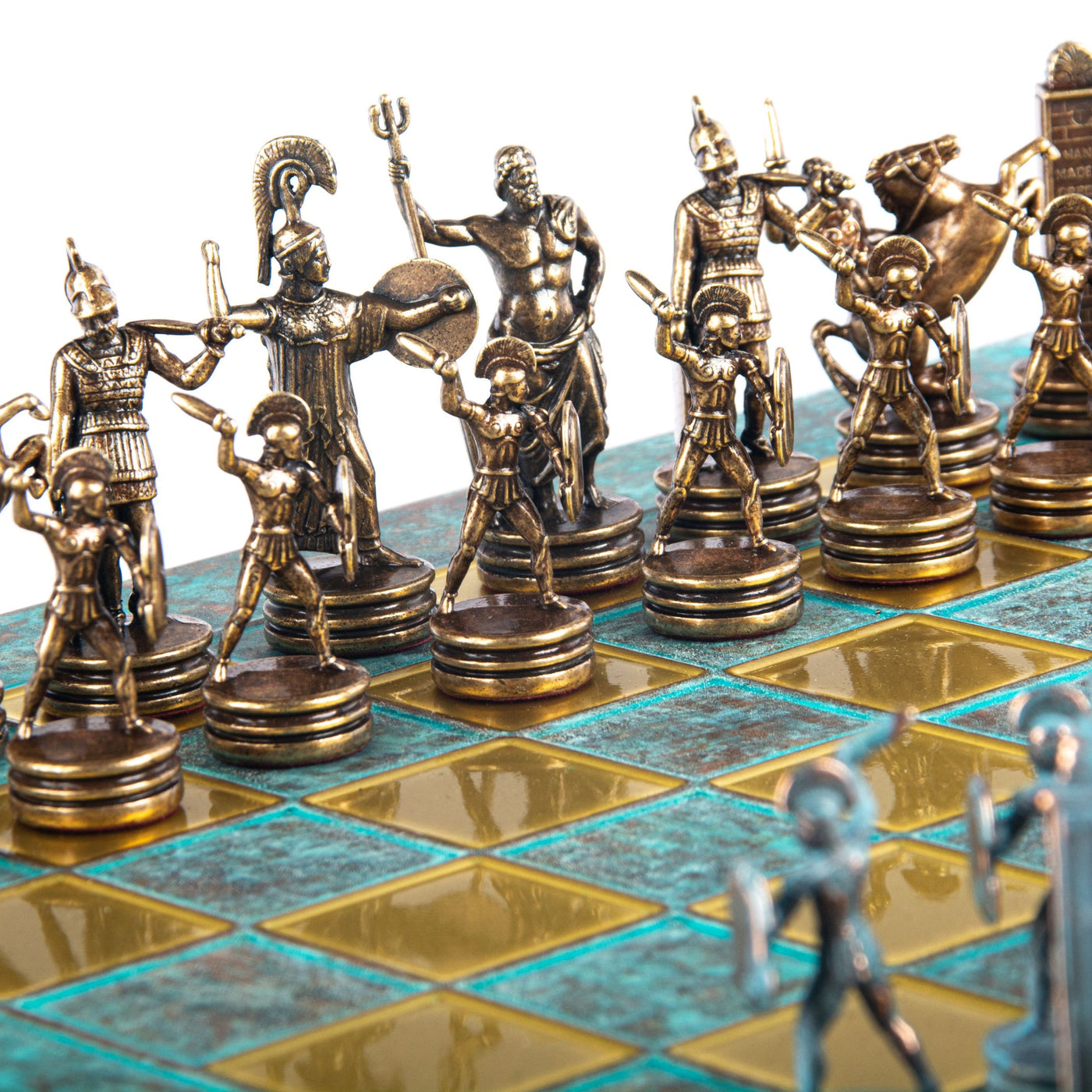 Greek Mythology Metal Chess set with Bronze and Blue Chessmen and 36cm Chessboard in Blue