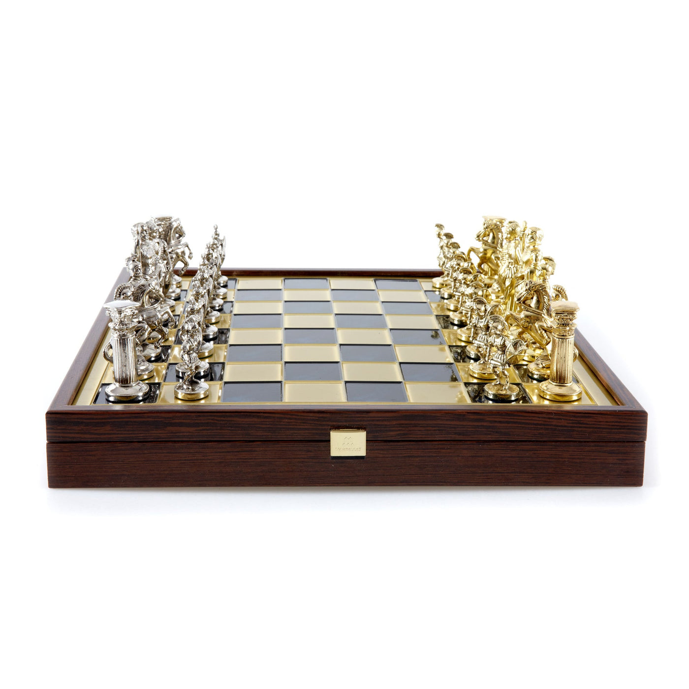 Greek Roman Period Metal Chess set with Gold and Silver Chessmen/Blue Chessboard 41cm on wooden box