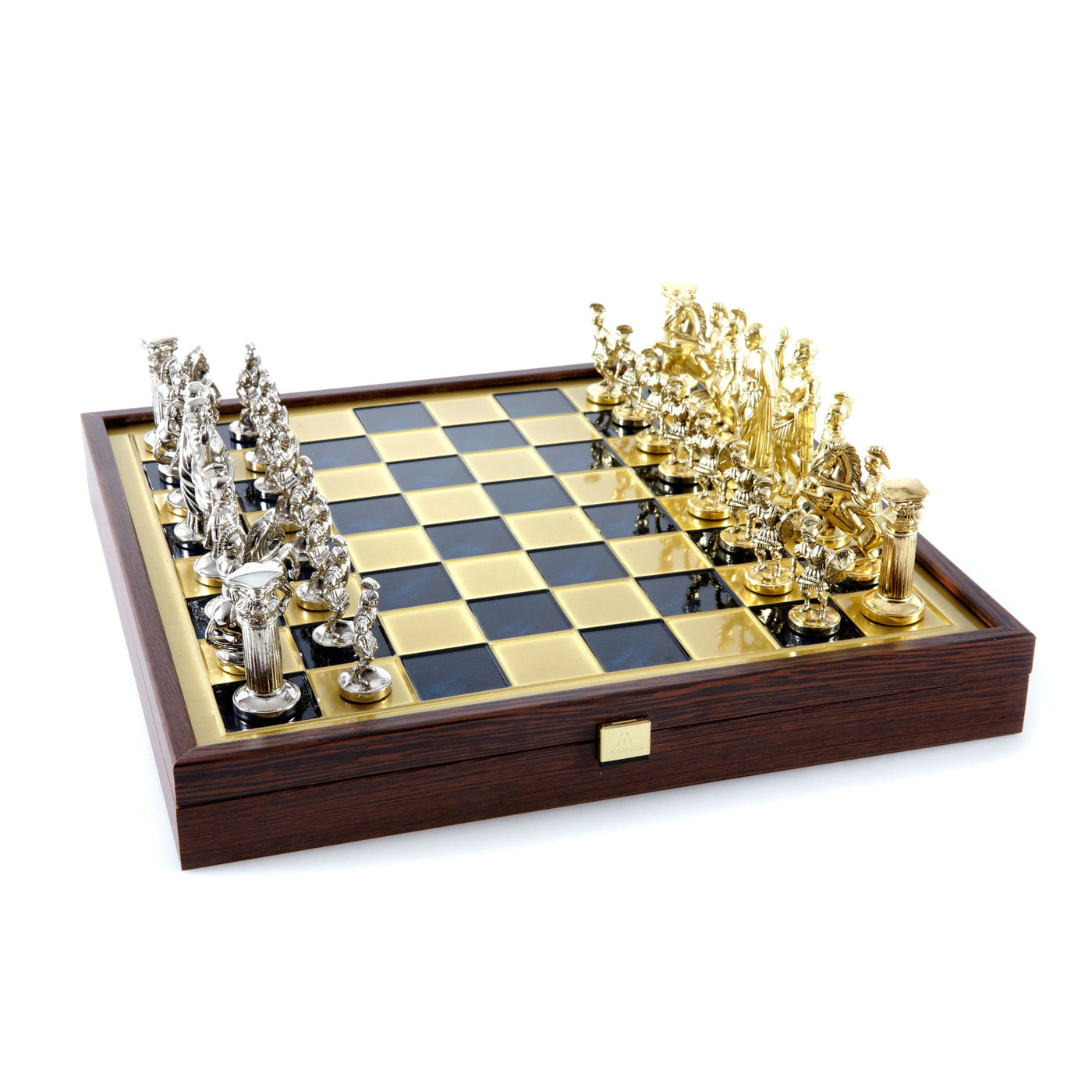 Greek Roman Period Metal Chess set with Gold and Silver Chessmen/Blue Chessboard 41cm on wooden box