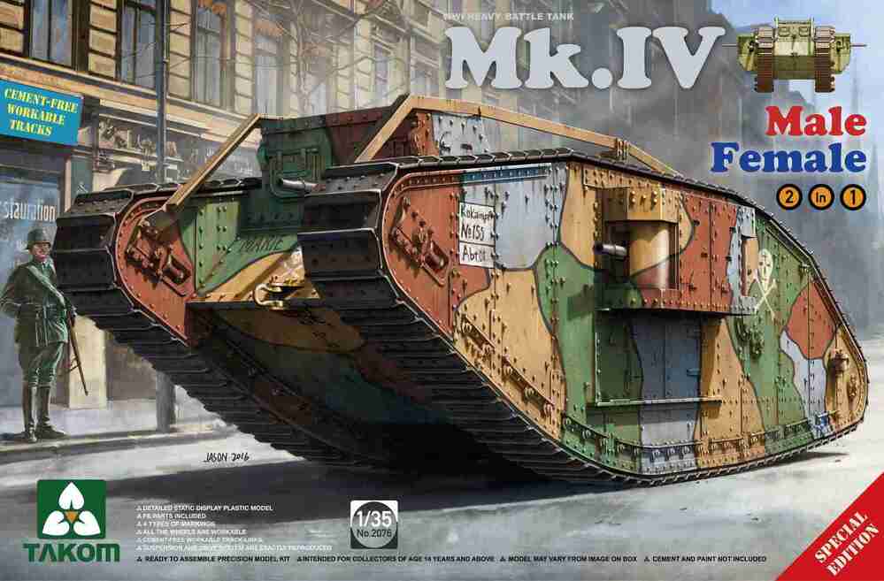 Takom - Takom 2076 1/35 WWI Heavy Battle Tank MkIV 2 in 1 (New decal and workable tracks) Plastic Model Kit