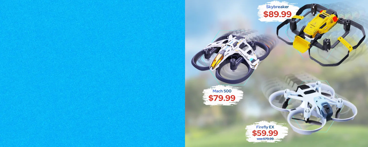 Three easy to fly drones with their advertised prices on blue and sky backgrounds.