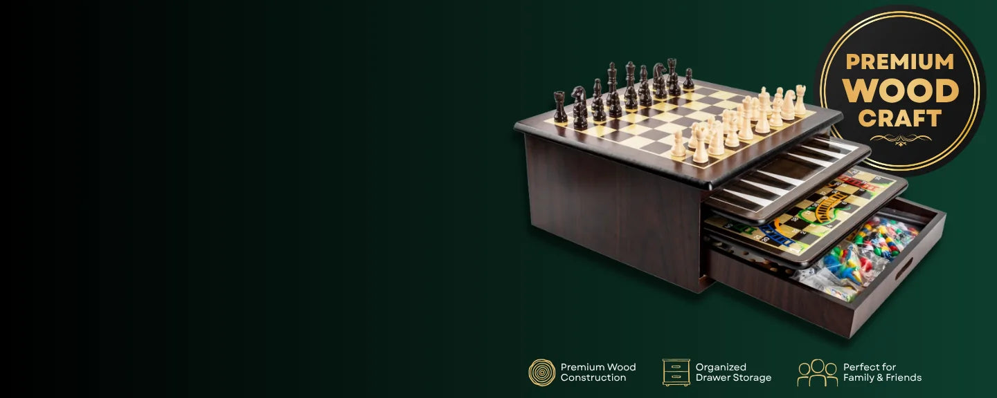 A wooden 10-in-1 games set with a chess board and storage drawers.