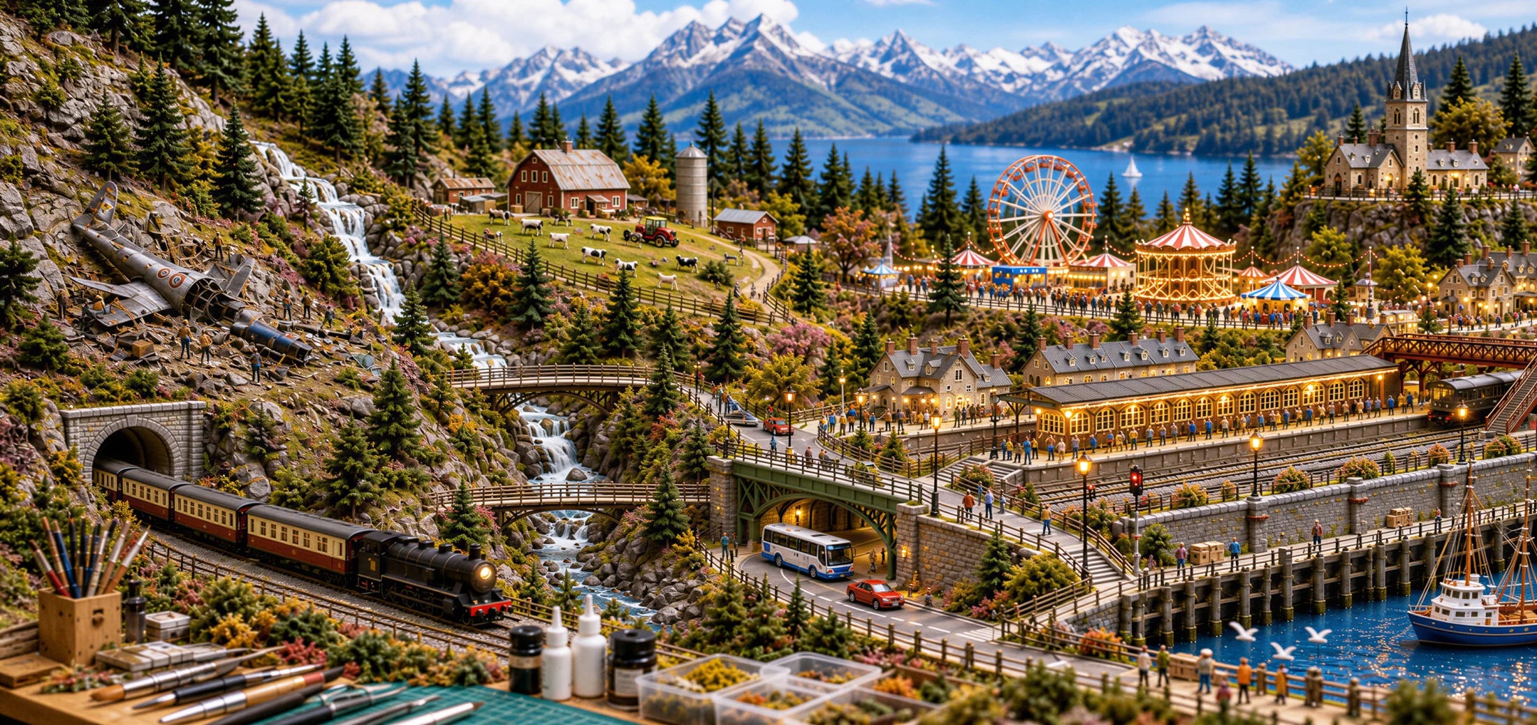 Model railway diorama with mountains, a station, buildings, a fairground and harbour
